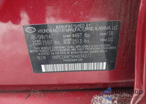 2015 Hyundai Sonata Se z USA, uszkodzony, nr VIN 5NPE24AF5FH034277